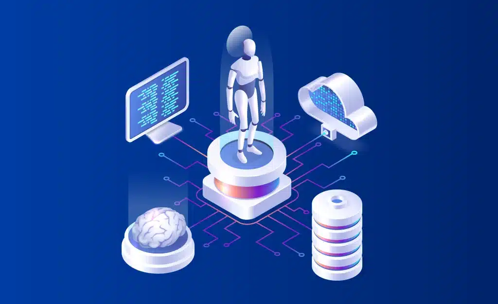 3D illustration of artificial intelligence with a robot, brain, cloud, and data servers.