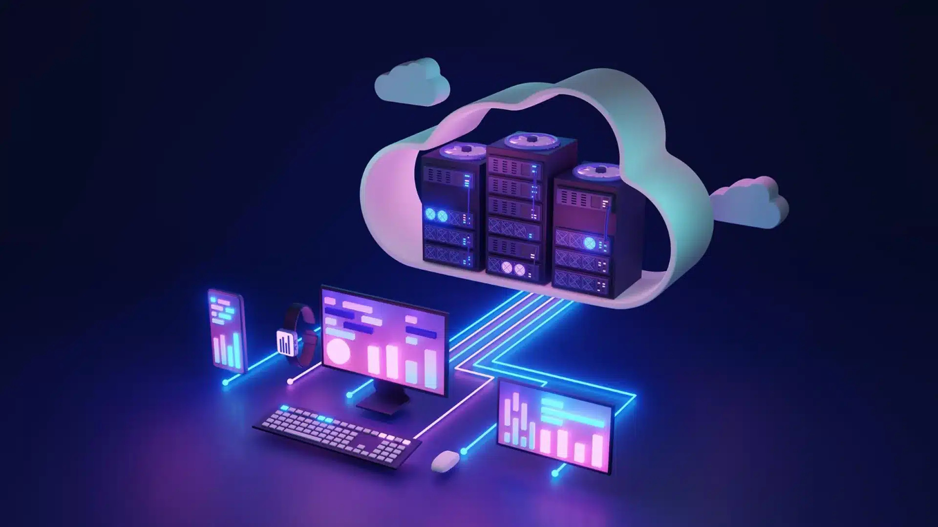 3D illustration of cloud hosting with servers connected to computers and devices.