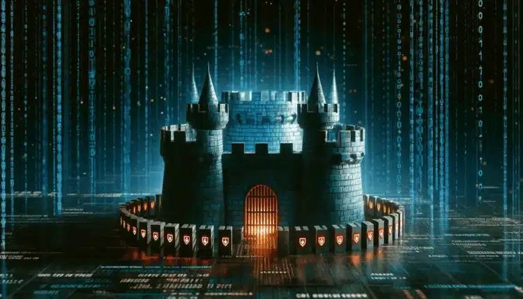 A digital castle surrounded by binary code, symbolizing cybersecurity.