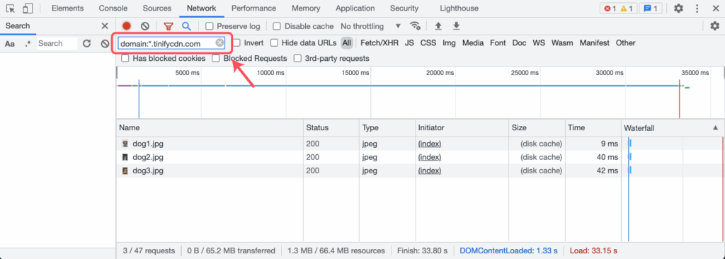 A screenshot displaying network activity and CDN image load times in a browser's developer tools