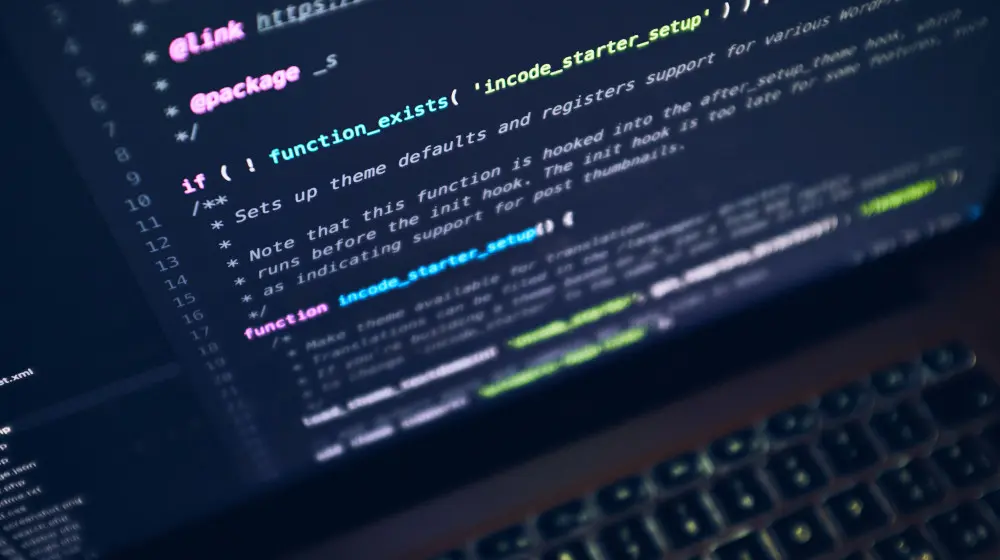 Close-up of WordPress code on a laptop screen