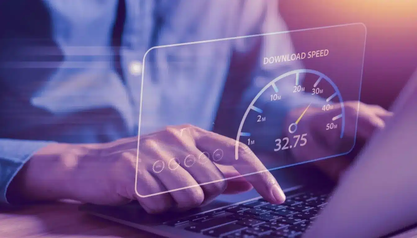 Close-up of a person checking download speed on a laptop with a digital speedometer graphic