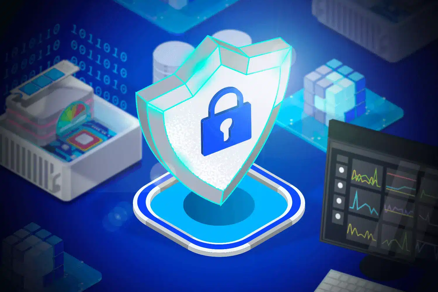 Digital shield with a lock symbol, representing data security and protection in a tech environment.