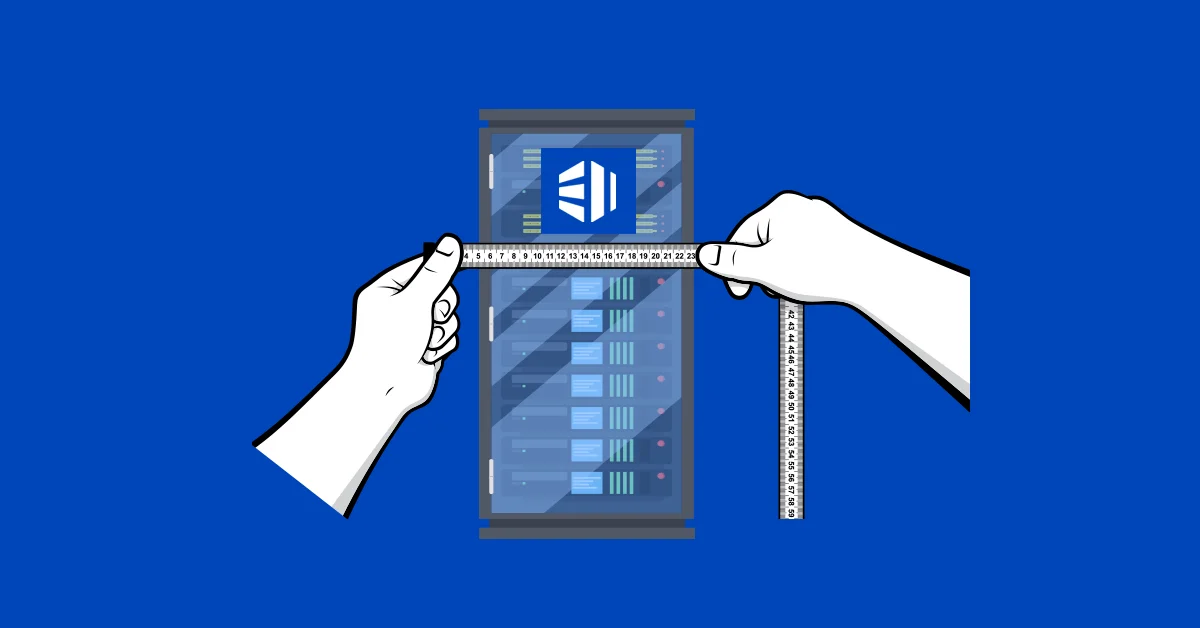 Hands measuring a server rack with a tape measure on a blue background