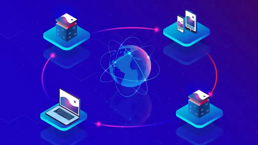 Illustration of a CDN network connecting devices and servers globally.