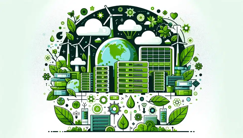 Illustration of eco-friendly web hosting with green servers, wind turbines, and plants_png