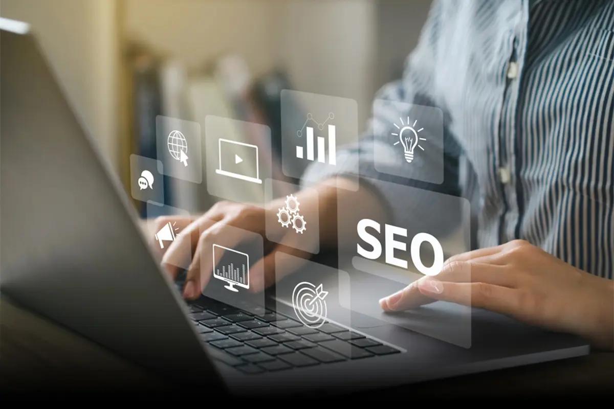 SEO related icons on a digital screen