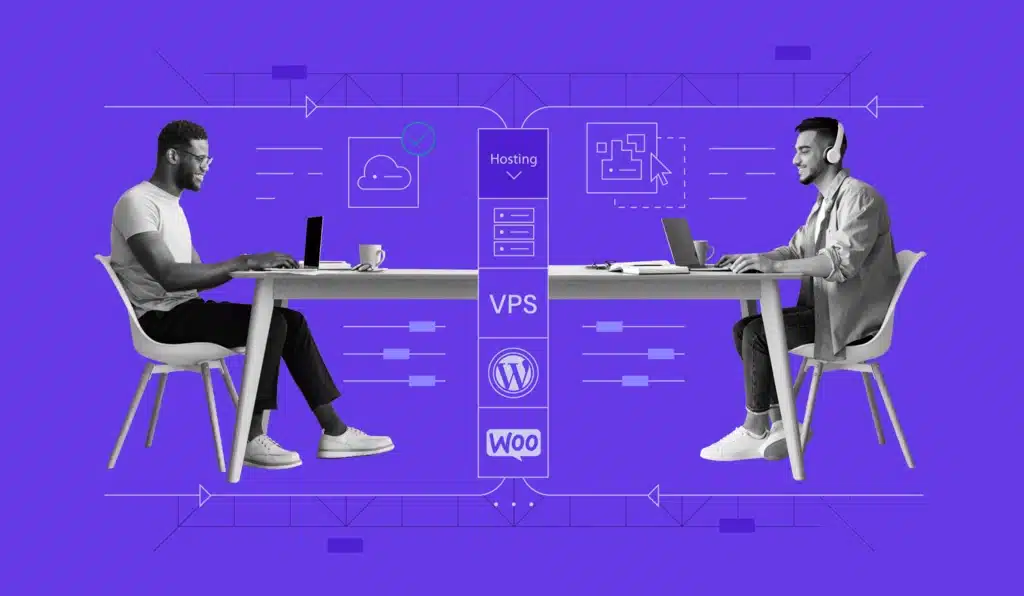  Two people working on laptops with hosting and WordPress icons in the background