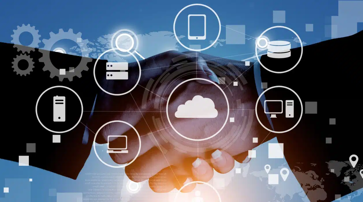 view of 2 hands shaking and server less web hosting concept