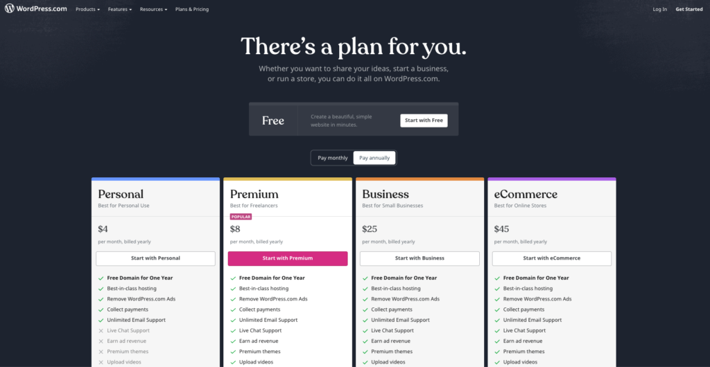 A screenshot of WordPress.com pricing plans, including Personal, Premium, Business, and eCommerce options with their features and costs.