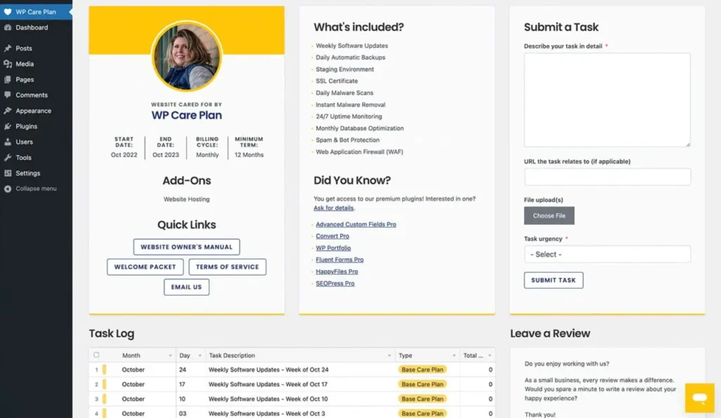 A screenshot of a WordPress Care Plan dashboard displaying account details, task log, and options to submit tasks or leave a review.