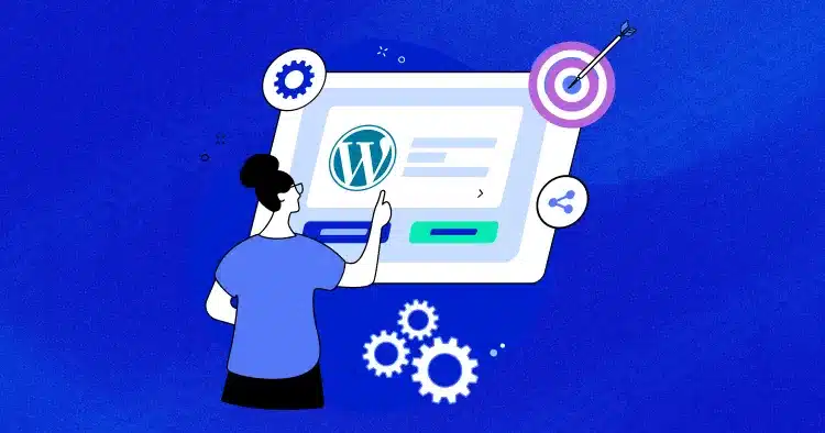  An illustration of a person interacting with the WordPress dashboard, with gears and a target symbol.
