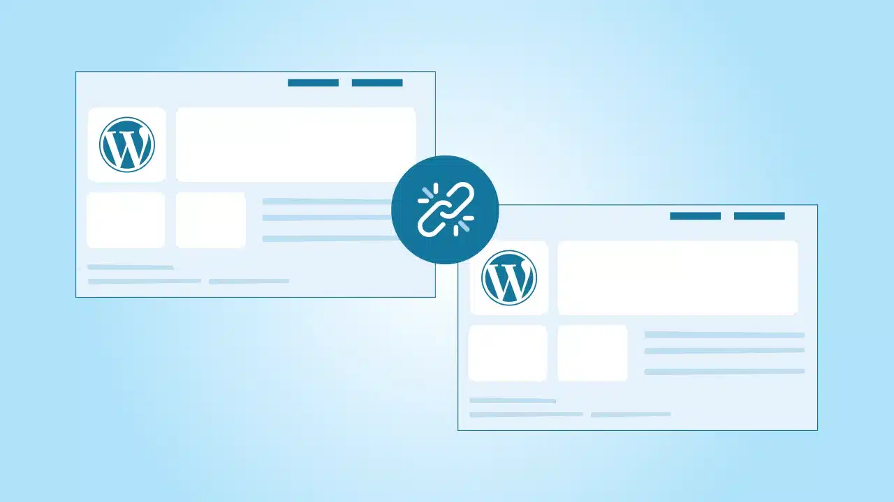 An illustration showing two WordPress website pages with a link icon in the center, symbolizing connection or linking between them.