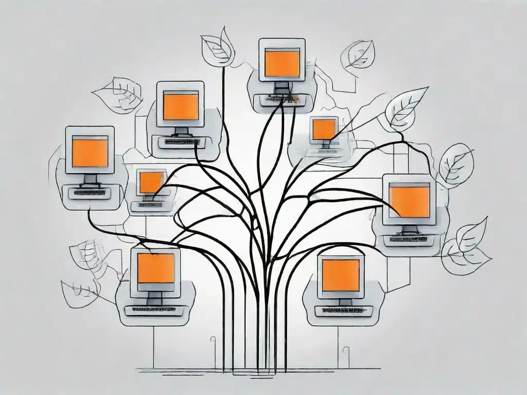 Illustration of a tree with computer screens as branches, concept of scalability