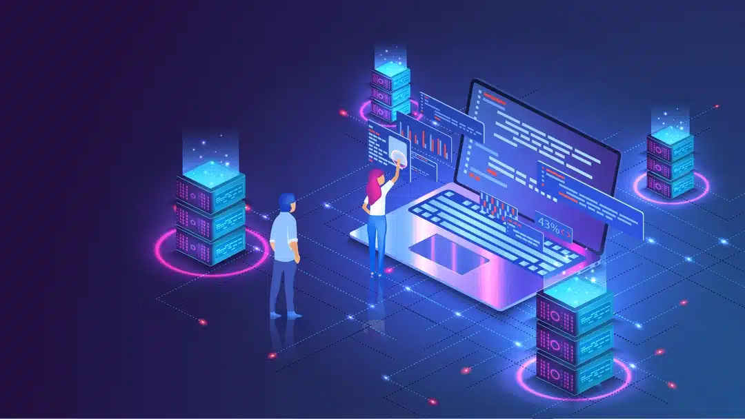 Illustration of two people interacting with servers and coding data in a digital, futuristic setting