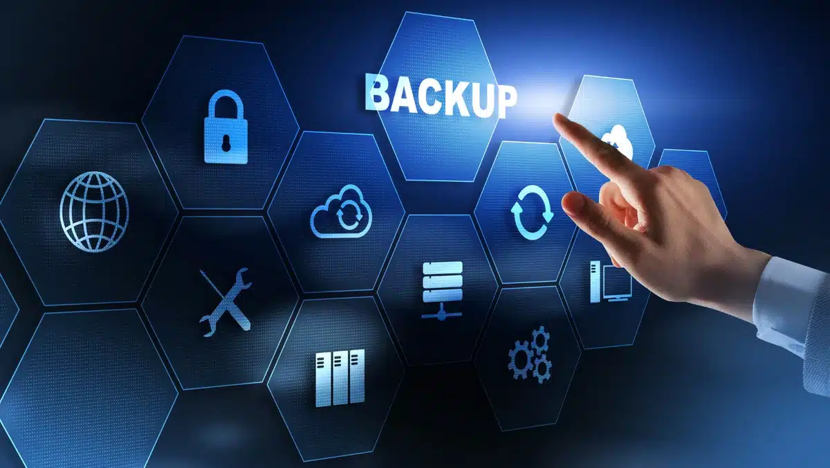 The image highlights the key components of website backup, focusing on security, cloud storage, and data recovery.