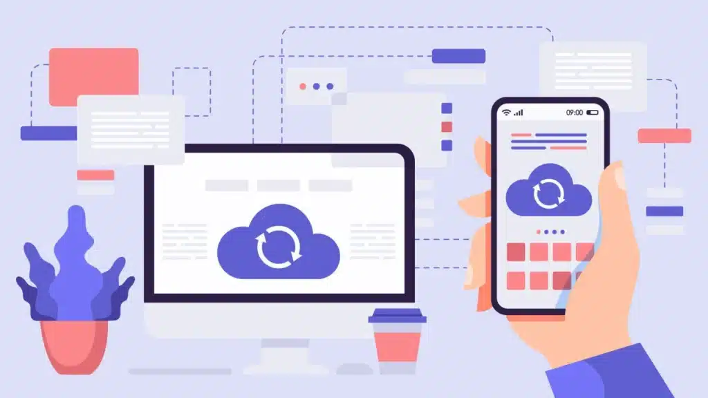 The image showcases cloud backups, illustrating how data can be synced and accessed across devices like a computer and smartphone.