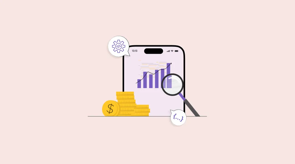 The image shows a phone with a graph, coins, and icons representing financial growth and analysis.