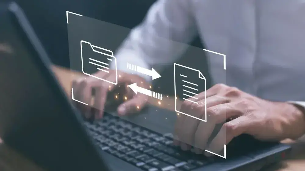 a person working on laptop, a digital screen with shared hosting illustration