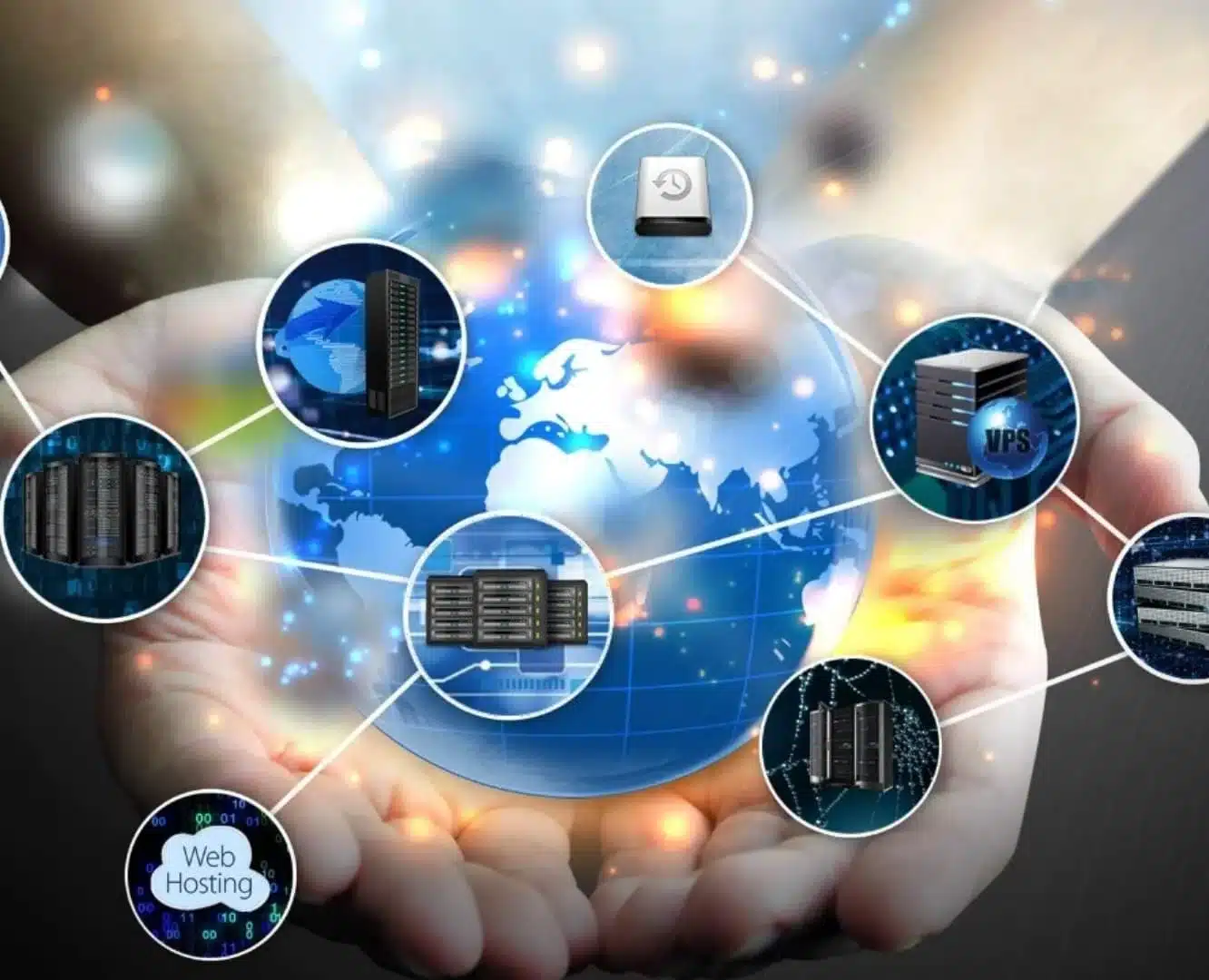 concept of shared web hosting with various icons shown on a hand
