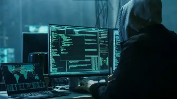 Hacker using multiple screens to launch a cyber attack.