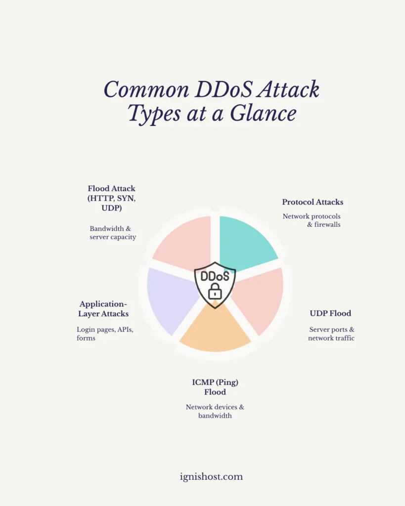 Infographic showing common DDoS attack types with a central security shield.