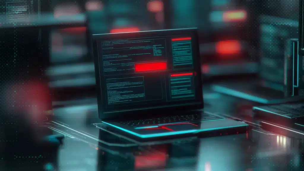 Laptop displaying code and alerts related to a DDoS cyber attack.