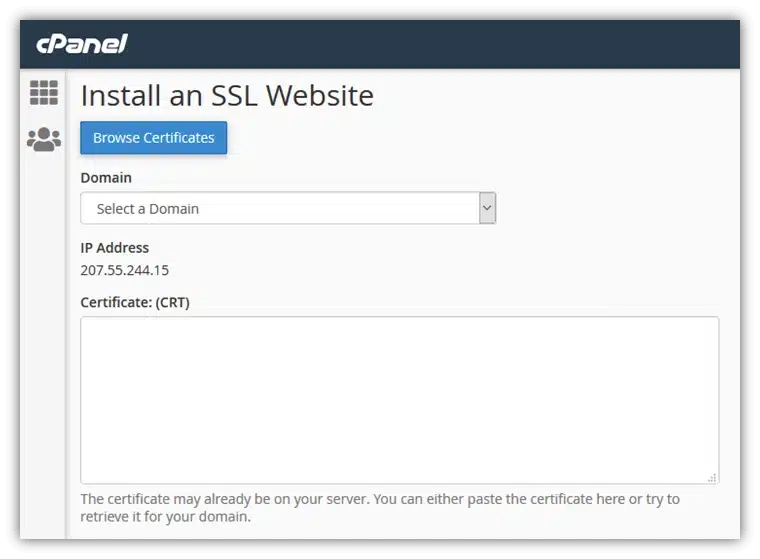 cPanel interface for installing an SSL certificate on a website.